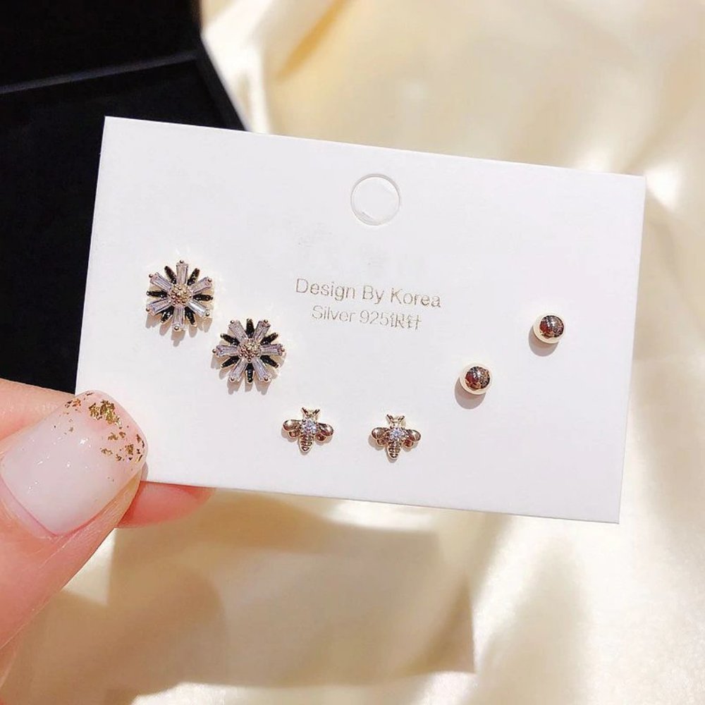 [3 Pairs] 925 Sterling Silver Diamond Earrings E - Picture 4 of 7